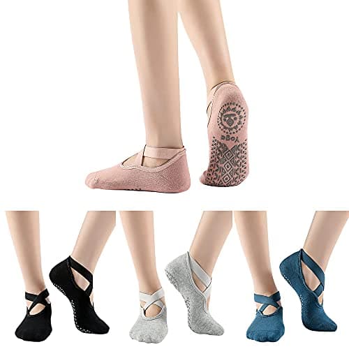 AJ Yoga Socks For Women Non-Slip Grips & Straps Non Slip Socks For Yoga Pilates Ideal For Pilates, Ballet, Dance, Barefoot Workout. Black Gray Pink Blue Four Pairs, 35-40 Plus