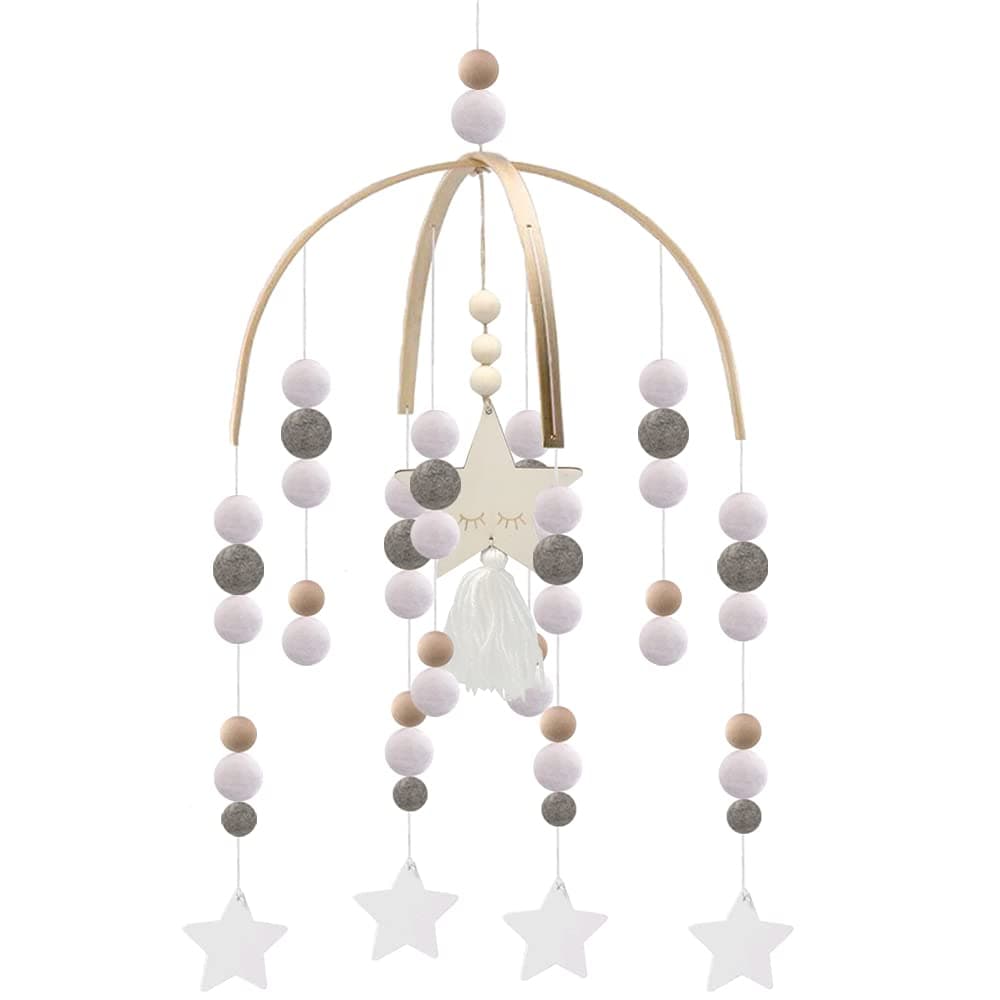 Mobile for Crib,Neutral Baby Crib Mobile Nursery Cot Mobile, Handmade Wooden Bead Bed Felt Baby Ceiling Mobiles,Boho Crib Mobile,Baby Nursery Mobile for Kids Room Nursery Decor(Gray-Star)