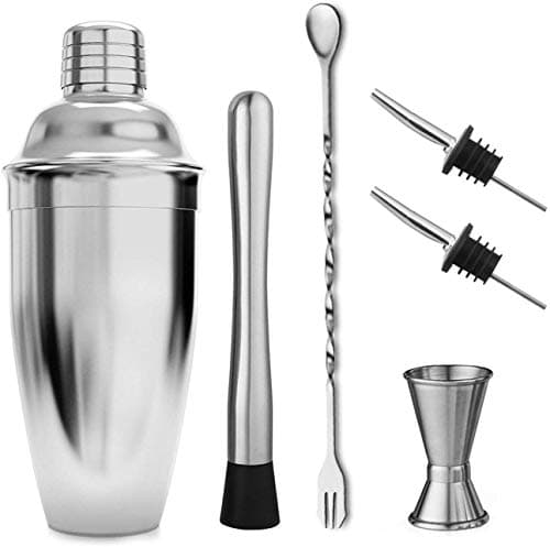 Cocktail Shaker Set, RilexAwhile 25 oz Stainless Steel Cocktail Shaker with Strianer,Jigger,Muddler, Mixing Spoon,2 Pourers, Professional Kit Gift (6pcs Drink Mixer Bartender Kit)
