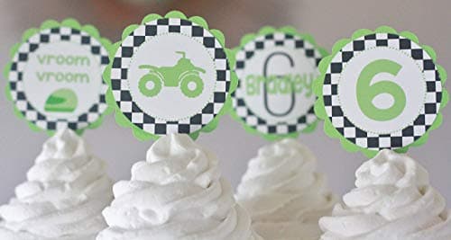 12 - Lime Green & Black Checkered Flag ATV 4-Wheeler Wheel Off Road Happy Birthday Cupcake Toppers - Party Packages, Favor Tags, Banners, Door Signs Available