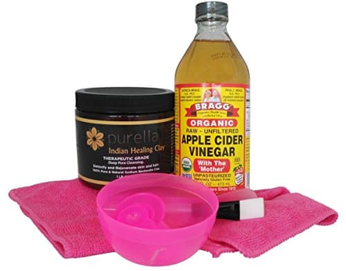 Face Mask Bundle Kit. Purella Indian Healing Clay Deep Pore Cleansing Bundle Set Bentonite Clay, Bragg Apple Cider Vinegar, Plastic Face Mask Tool Kit and Face Towel