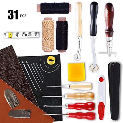 Premium Leather Sewing Kit - 31 Pieces Including Leather Swatches, Awl, Needles, Waxed Thread, Trencher, etc. Makes a Great Gift