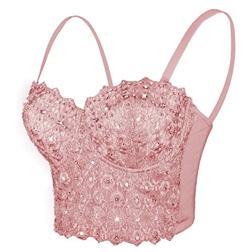 ELLACCI Women's Natural Reigning Lace Rhinestone Bustier Crop Top Sexy Mesh Corset Top Bra Pink