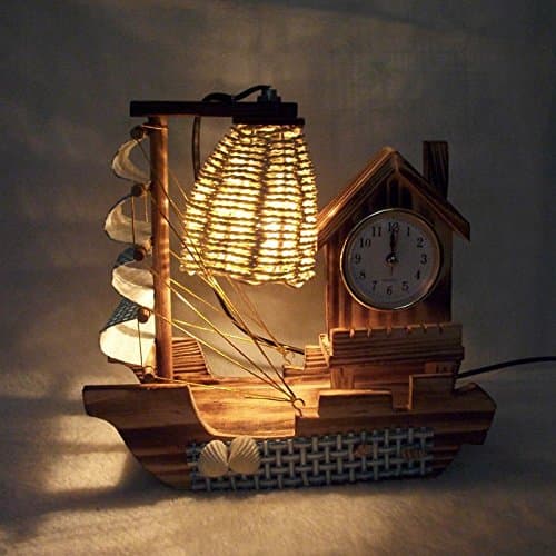 Sailing Boat Wooden Table lamp with Clock Creative Romantic Bedroom Decoration Ornament Crafts