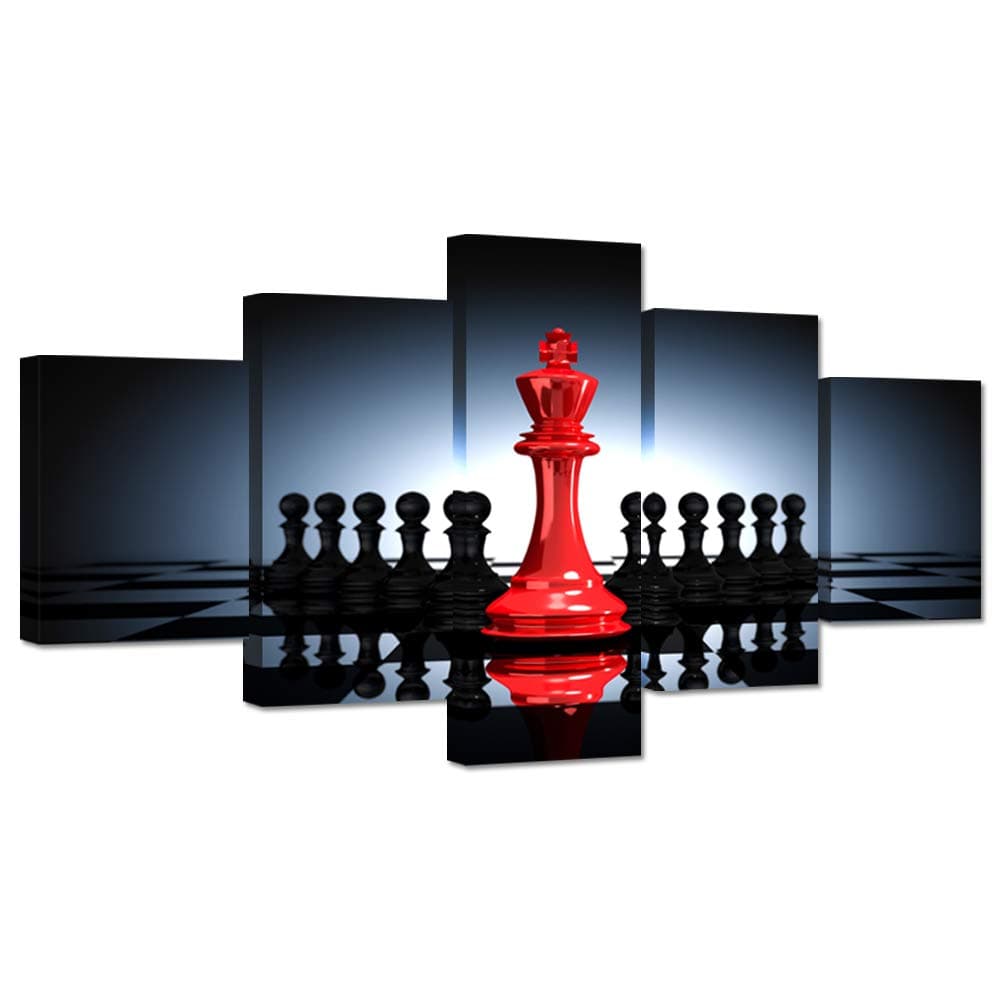 iHAPPYWALL Large 5 Pieces Modern Black And Red King And Knight Chess Pictures Print Canvas Wall Art for Home Chess Game RoomLiving Room Decor Ready To Hang