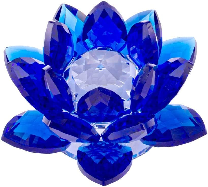 5 Inch Sapphire Blue Crystal Lotus Flower Feng Shui Home Decor with Gift Box