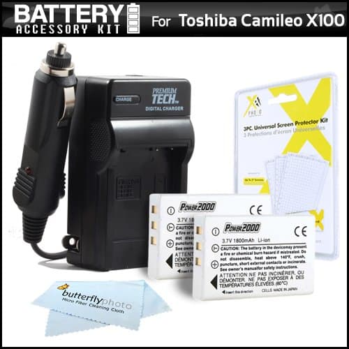 2 Pack Battery and Charger Kit for Toshiba Camileo X100 H30 Full-HD Camcorder Includes 2 Extended (1850Mah) Replacement PX1657 Batteries + Ac/Dc Charger + LCD Screen Protectors + Cleaning Cloth