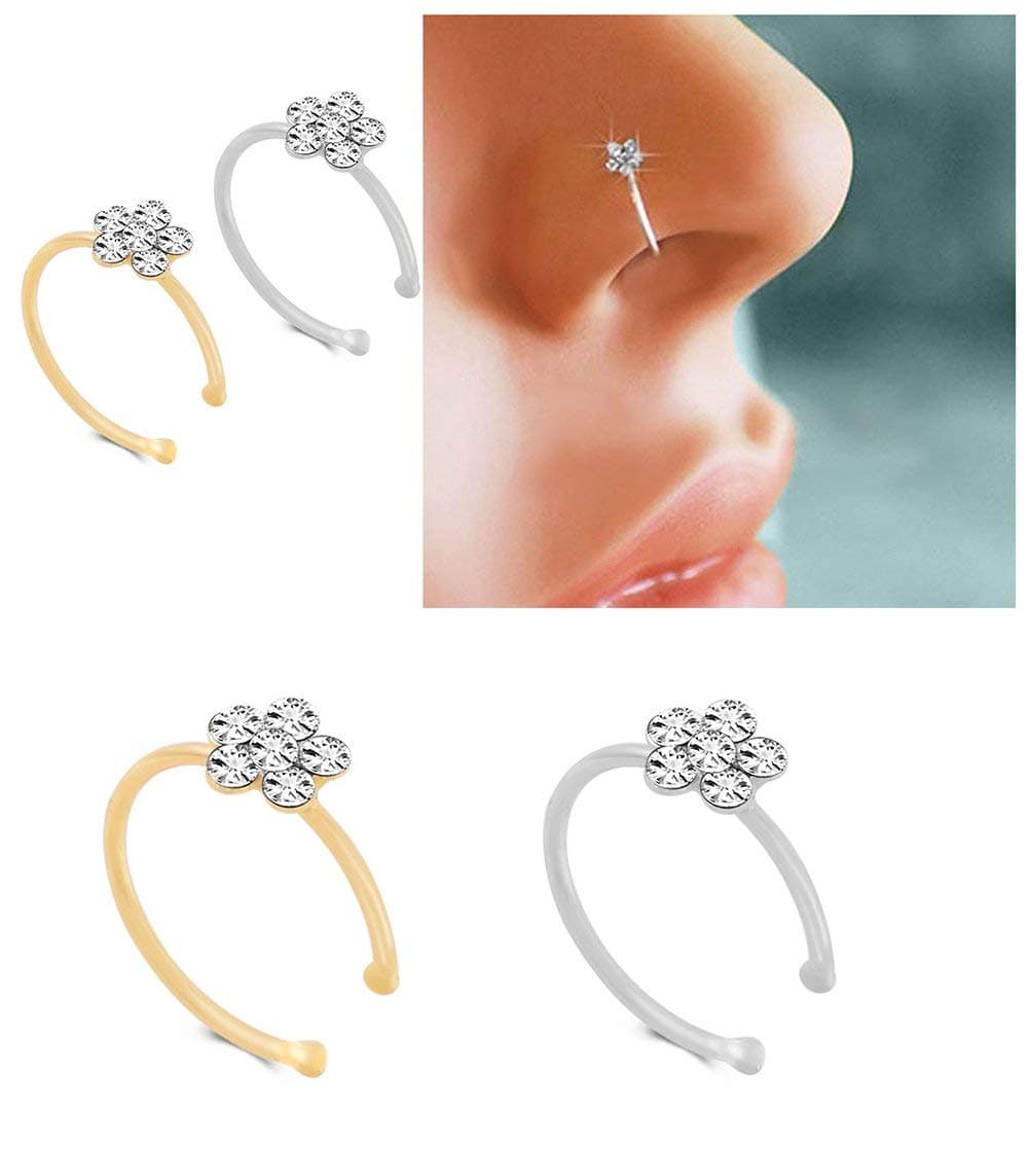 QiaoyingQiaoying Silver Gold Thin Diamond Flower Clear Crystal Nose Ring Stud Hoop-Sparkly Crystal Nose Ring (2 pcs)
