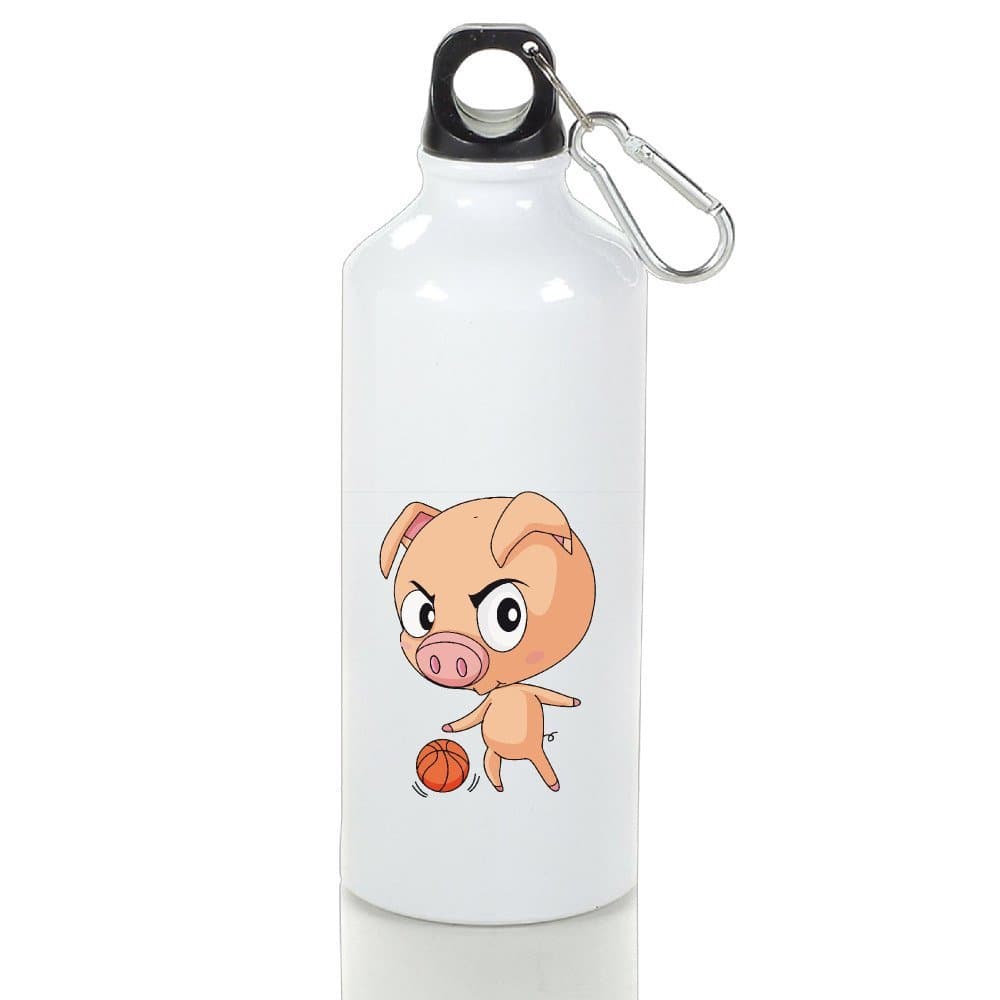 WATE Cartoon Pig Playing Basketball Aluminum Water Sports Bottle 500ml White For Traveling Climbing Hiking Biking