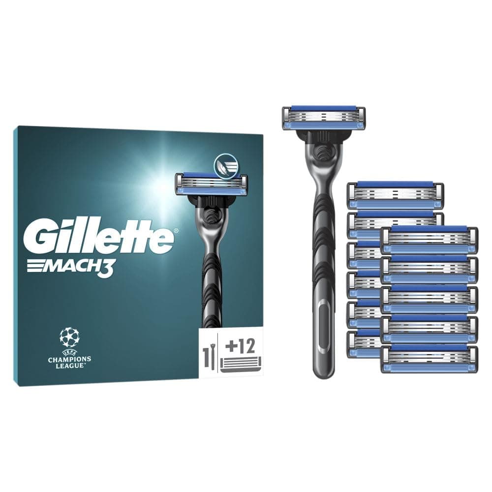 Gillette UEFA Champions League Special Edition Mach3 Razor for Men, 3-Bladed Razor, 1 Gillette Razor, 12 Razor Blade Refills, with Stainless Steel Handle