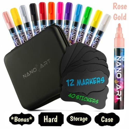 Premium Liquid Chalk Markers 6mm Reversible Tip Pens - 12 Pack with an Exclusive Rose Gold Color, Bonus 40 Chalkboard Labels, Storage Case - Child Safe (Non Toxic), Dry Erase, Odorless, Neon Colors