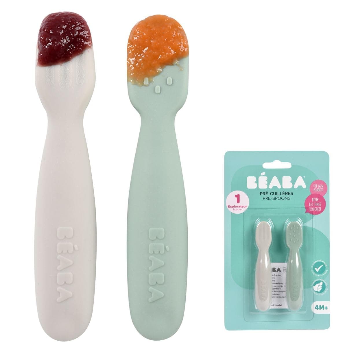 BEABA, Set of 2 1st Age Baby Spoons, Silicone Teaspoons, Baby Cutlery, from 4 Months, Ergonomic Shape, Different Textures, Ergonomic Handle, Sage Green/Velvet Grey