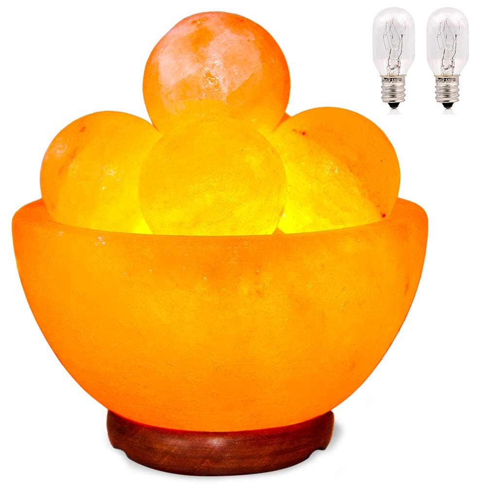 Himalayan Pink Salt Lamp Bowl with Heated Massage Balls, Natural Crystal Salt Rock Table Lamp from Pakistan for Home Gifts, 2 Replacement 25W Bulbs & Hand Carved Taly Wood Base