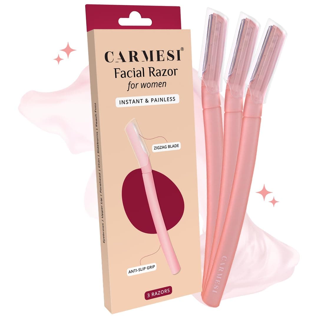 Carmesi Reusable Face Razor For Women Facial Hair Dermaplaning Tool - 3 Razors Instant & Painless Hair Removal For Eyebrows, Upper Lip, Forehead, Peach Fuzz, & Sideburns - Exfoliating Razors Travel