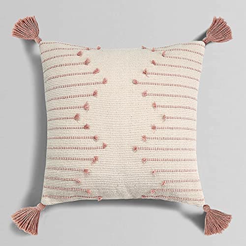 Farmhouse Pink Throw Pillow Cover, 18 x 18 Square Decorative Pillow Case, Tribal Geometric Tufted Tassels Woven Cushion Cover Accent Neutral Collection for Sofa Couch Living Room