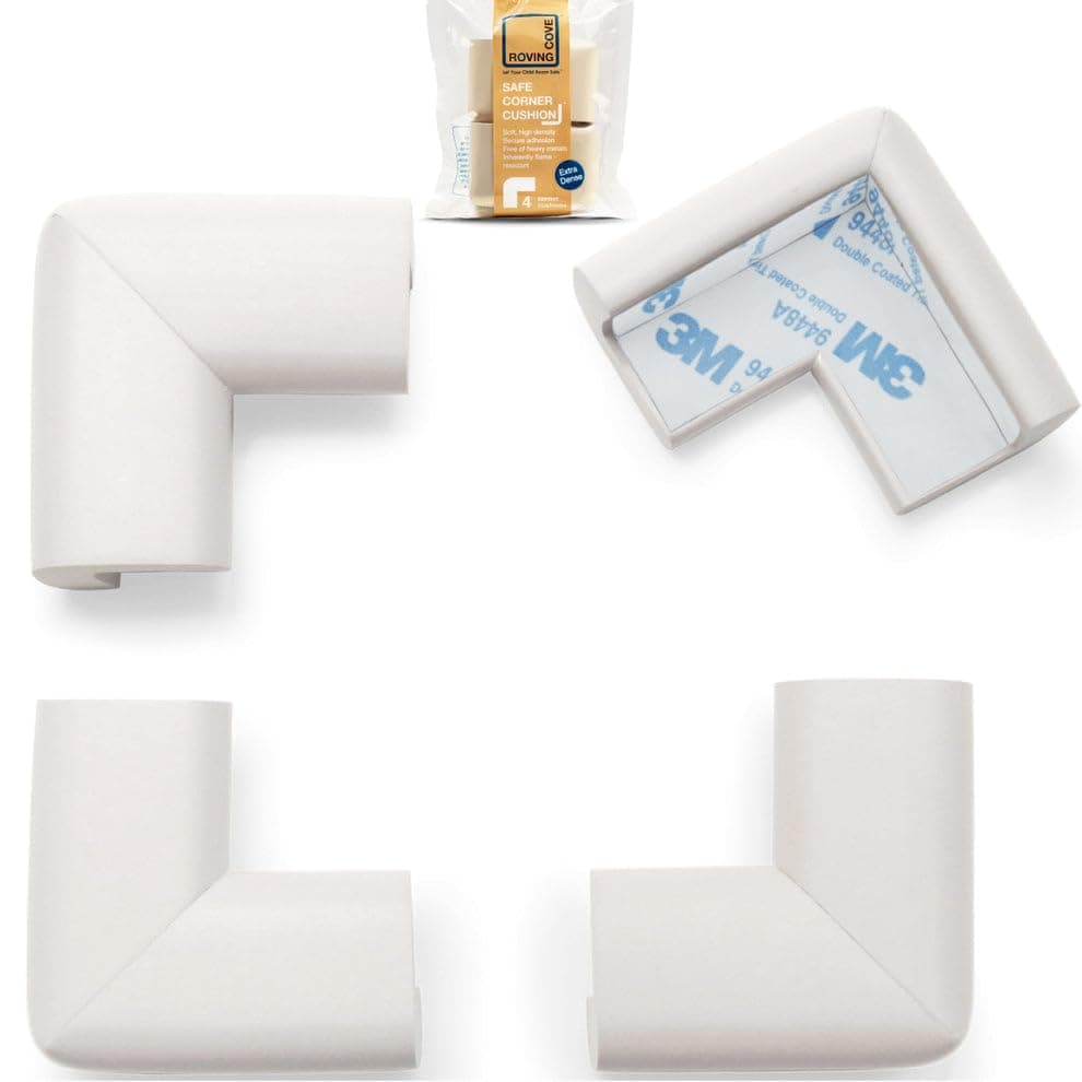 Roving Cove 4-Piece “Safe Corner Cushion” – PRE-TAPED CORNERS; 4-Pack – OYSTER; Premium Childproofing Corner Guard; Child Safety, Home Furniture Safety Bumper, Baby Proof Table Protector