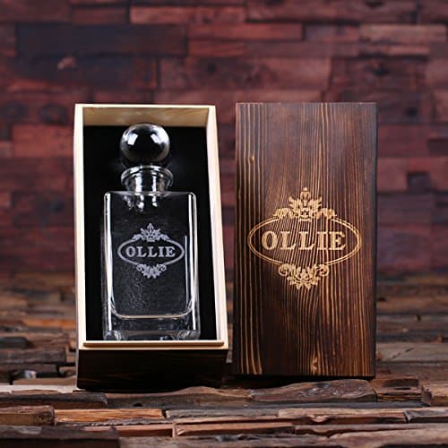 New Town Creative Personalised Whiskey Decanter with Round Bottle Lid and Wood Box by Distinctive Goods