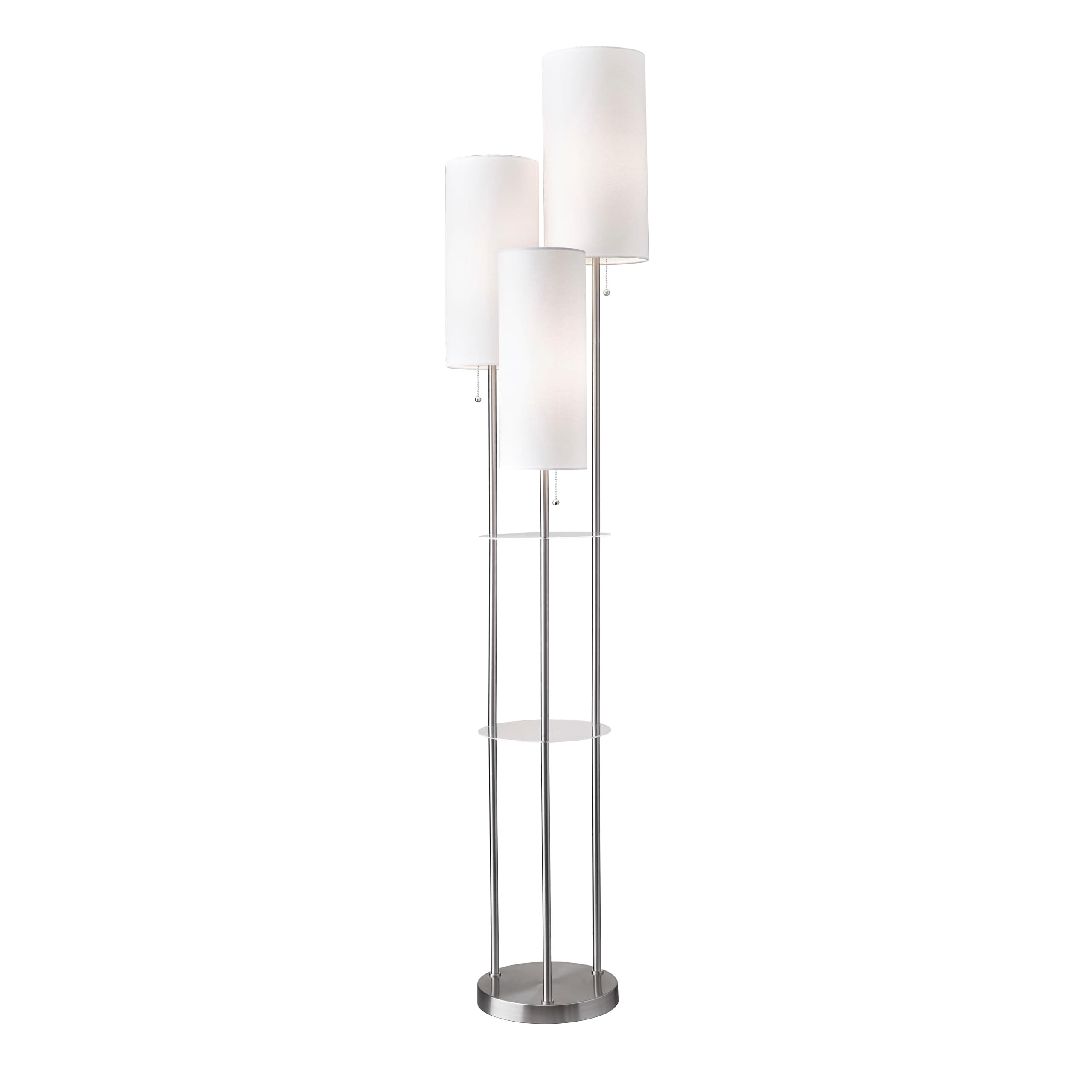 Adesso Trio Floor Lamp with Three Pull Chain Lights and Two-Tier Storage, Brushed Steel Base, White Linen Shades, 68” Tall, Enhances Room Decor and Lighting