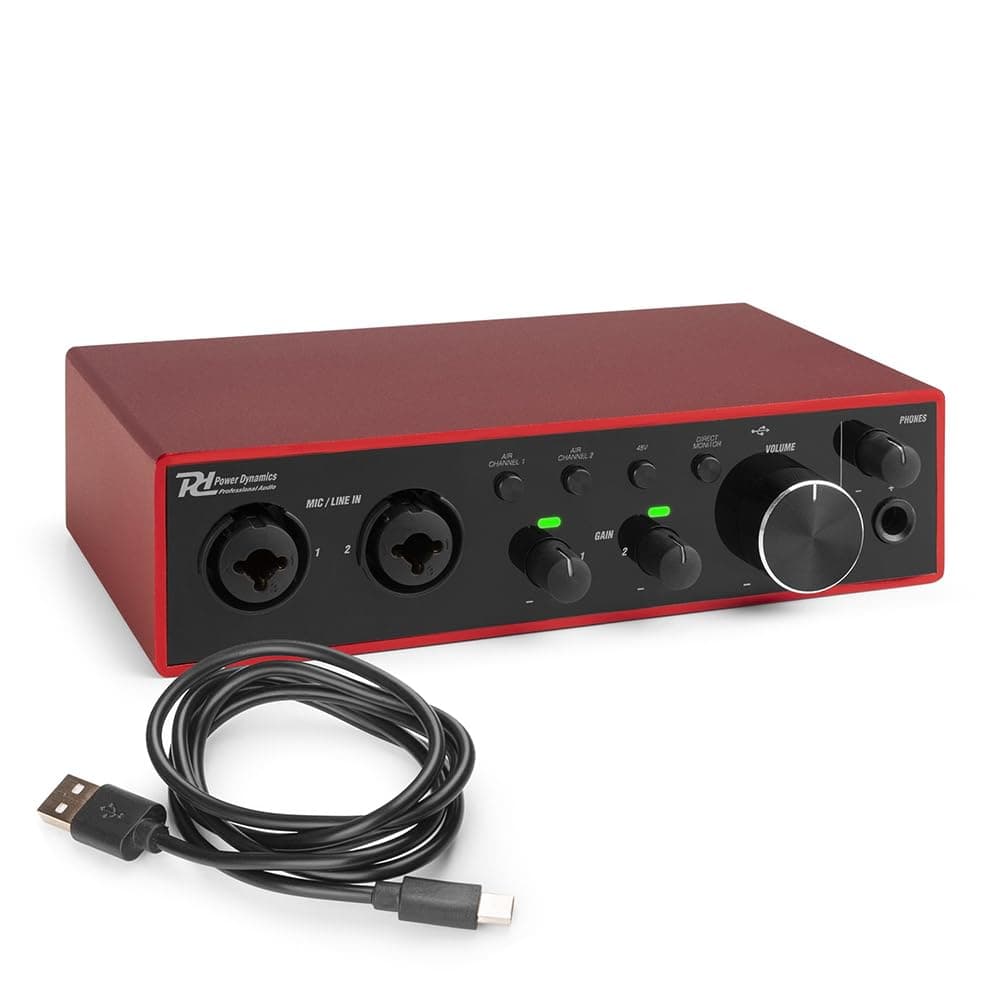 Power Dynamics PDX22 USB Audio Interface - 2-Channel | Hi-Res 24-bit/192 kHz | Dual Mic Preamps with Phantom Power | Audio Interface for Mixing, Recording Vocals & Instruments | Direct Monitor Output