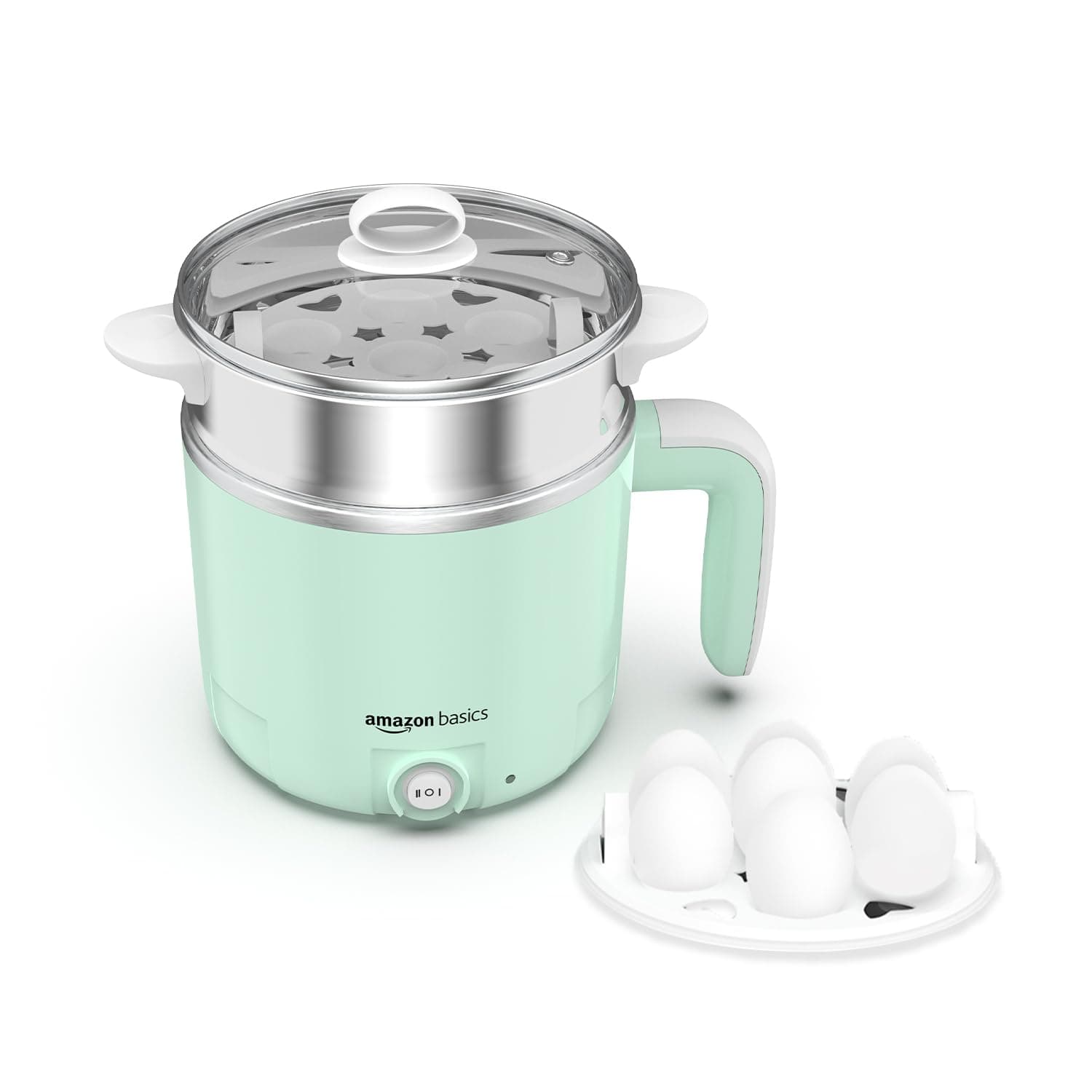 Amazon Basics Multi-Cook Pot, Adjustable Power (325W/650W) with 7-Egg Tray & Steamer, SS 304 Steel, Automatic Overheat Protection, Multipurpose Kettle for Water, Tea, Noodles & Steam Rice, Green, 1.2L