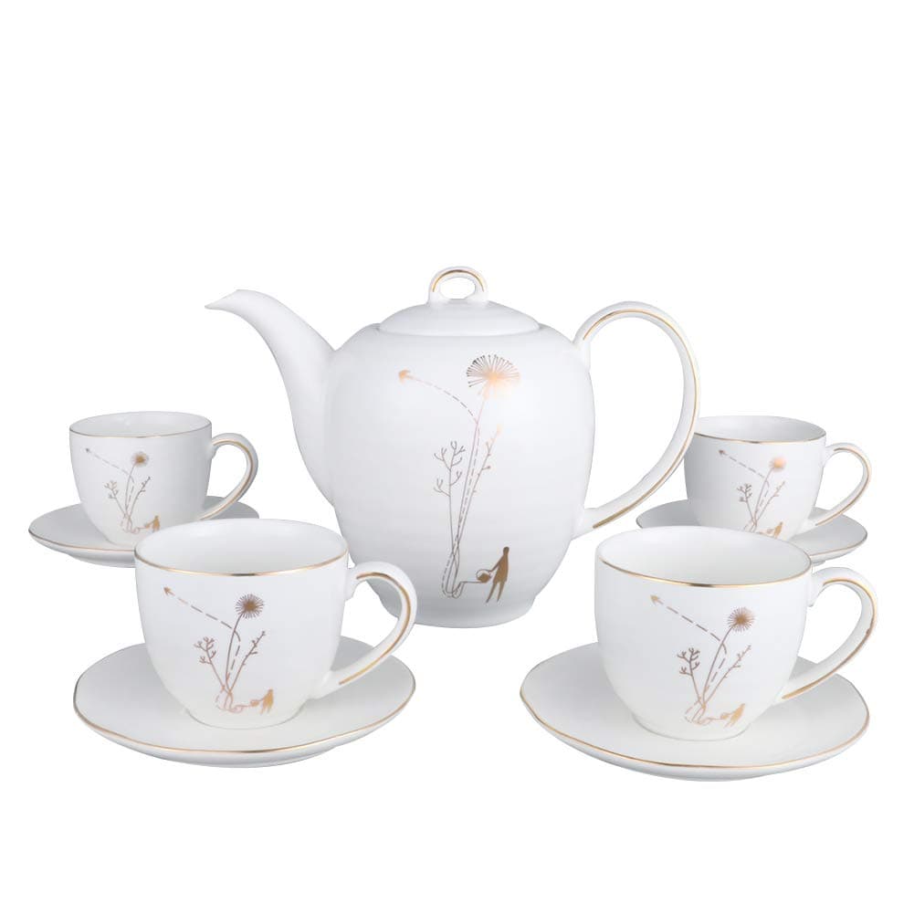 42 OZ White Tea Set with 7 OZ Golden Pattern 4 Tea Cups and Saucers Set,Tea Party Porcelain Tea Pot Gift Set for Women Men