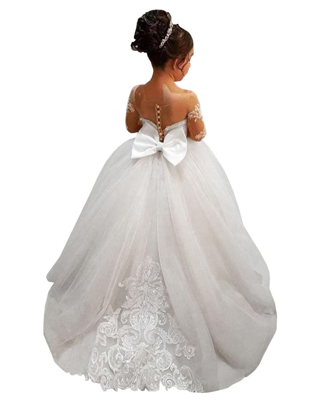White Ivory Lace Long Sleeve Flower Girl Dresses Princess Gown Pageant Dress GZY202