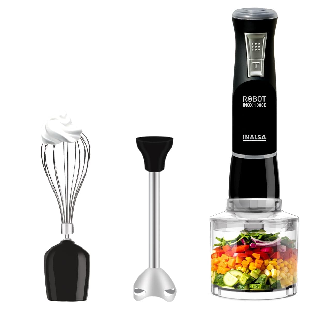 INALSA Hand Blender 1000 Watts with Chopper, Whisker| Variable Speed & Turbo Speed Function|100% Copper Motor|1Liter|Low Noise |Anti-Splash Technology|Home&kitchen (Robot Inox 1000E)