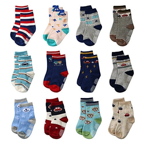 La Volupte Baby Boy’s Ankle Cotton Socks Toddler Non Skid Socks with Grip 12 Pairs