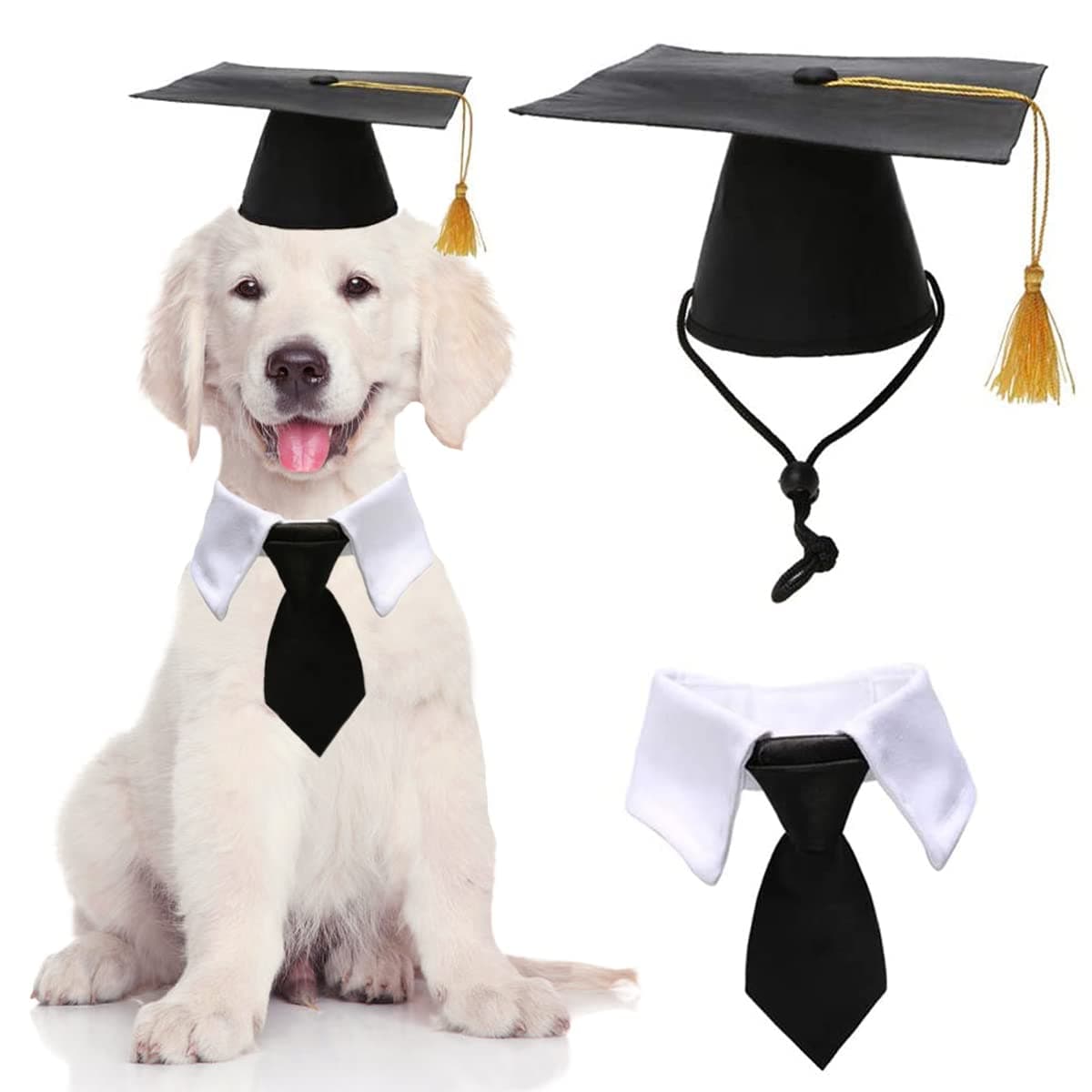 Dog Graduation Caps Set, Pet Graduation Hats with Necktie/Bowtie/Bandana Holiday Party Costume, Graduate Neck Tie Apparel for Dogs Cats Doctor Hat Graduation Dress Outfits (Hat+Necktie)