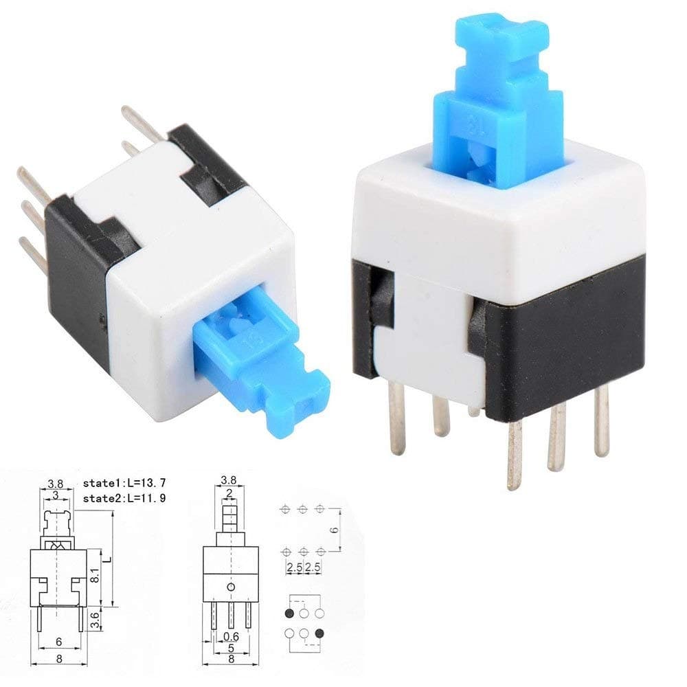 INVENTO 2Pcs 7 x 7mm PCB Mount Tactile Push Button Switch Self Latching Locking DPDT 6 Pin DIP