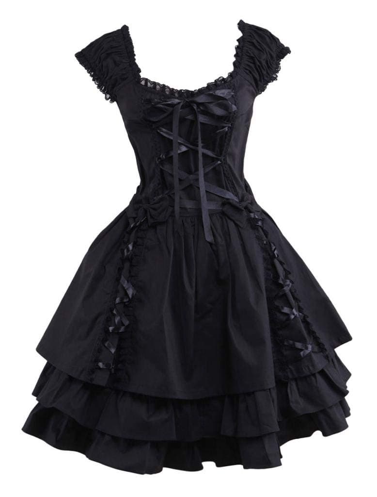 Womens Classic Black Layered Lace-up Goth Lolita Dress