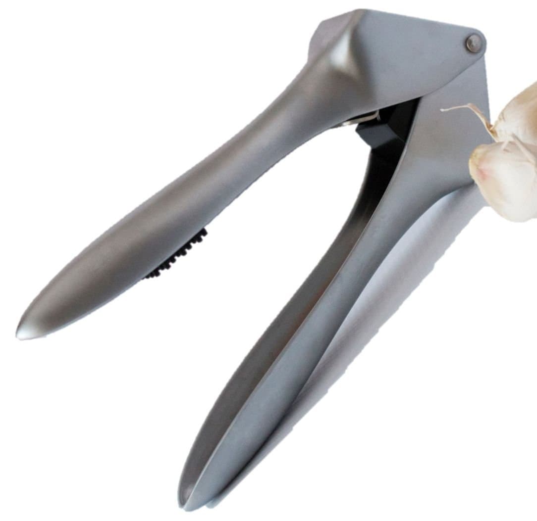 Garlic Press | Heavy Duty Stainless Steel Professional Grade No Peel Large Capacity Garlic Presser with Garlic Slicing Attachment by Cestari Kitchen