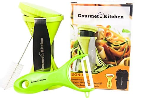 Gourmet Kitchen Vegetable Spiral Slicer and Julienne Peeler Cutter Spiralizer for Zucchini Spaghetti Noodles & Veggie Pasta with Recipe Gift Set, Green