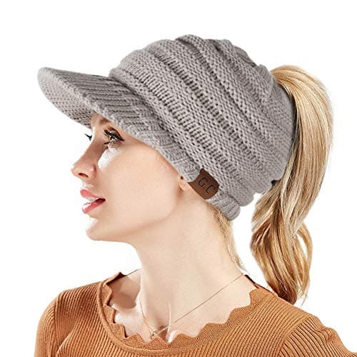 BeanieTail Warm Knit Messy High Bun Ponytail Visor Beanie Cap (Light Gray)