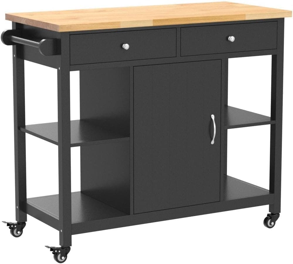 Kitchen Islands on Wheels with Wood Top, Utility Wood Movable Kitchen Cart with Storage and Drawers, Black