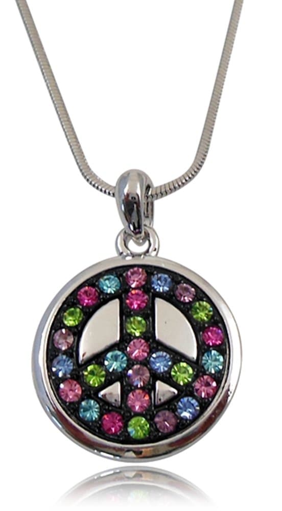 Silver Tone Pink, Blue, Green, Purple Crystals on Black Peace Sign/symbol Necklace for Girls Teens Women Prime Gift