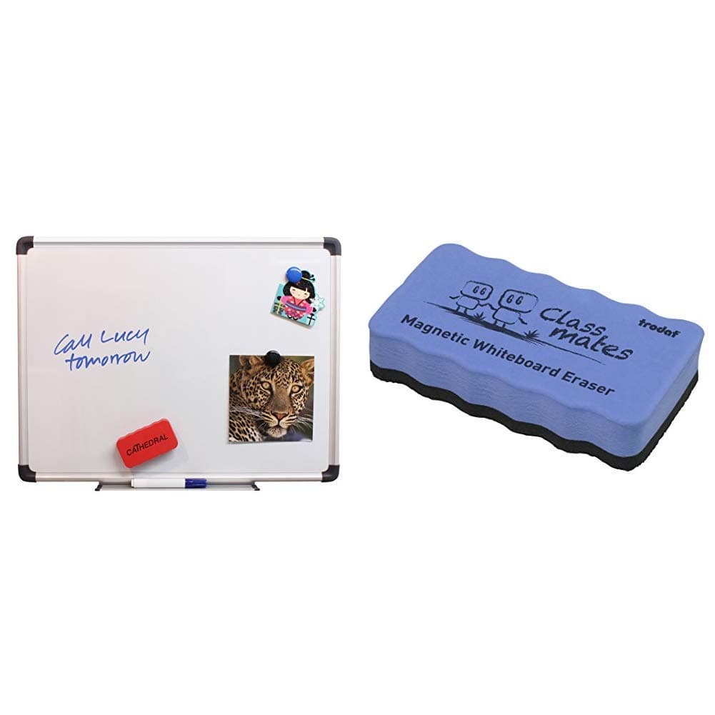 Cathedral Whiteboard Drywipe Magnetic with Pen Tray and Aluminium Trim (30x45cm) &Trodat Classmates Magnetic Eraser - Blue