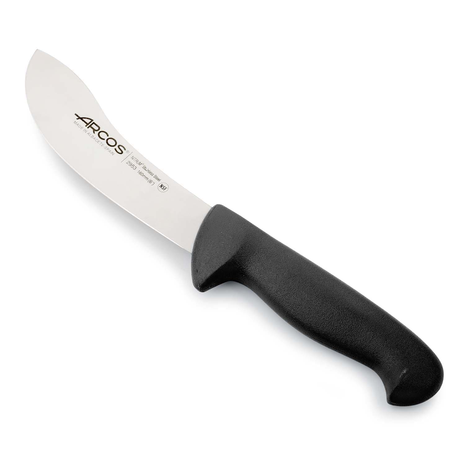 Skinning Knife 6 Inch Nitrum Stainless Steel and 160 mm blade. Ergonomic Polypropylene Handle. Series 2900. Features different handle colors to make it easier for each food group. Color Black.