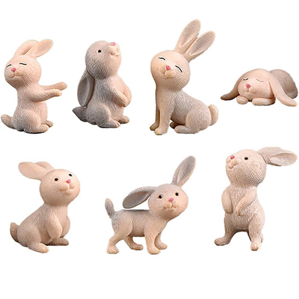 7 Pcs Rabbit Figures for Kids, Animal Toys Set Cake Toppers, Rabbit Fairy Garden Miniature Figurines Collection Playset for Christmas Birthday Gift Desk Decorations