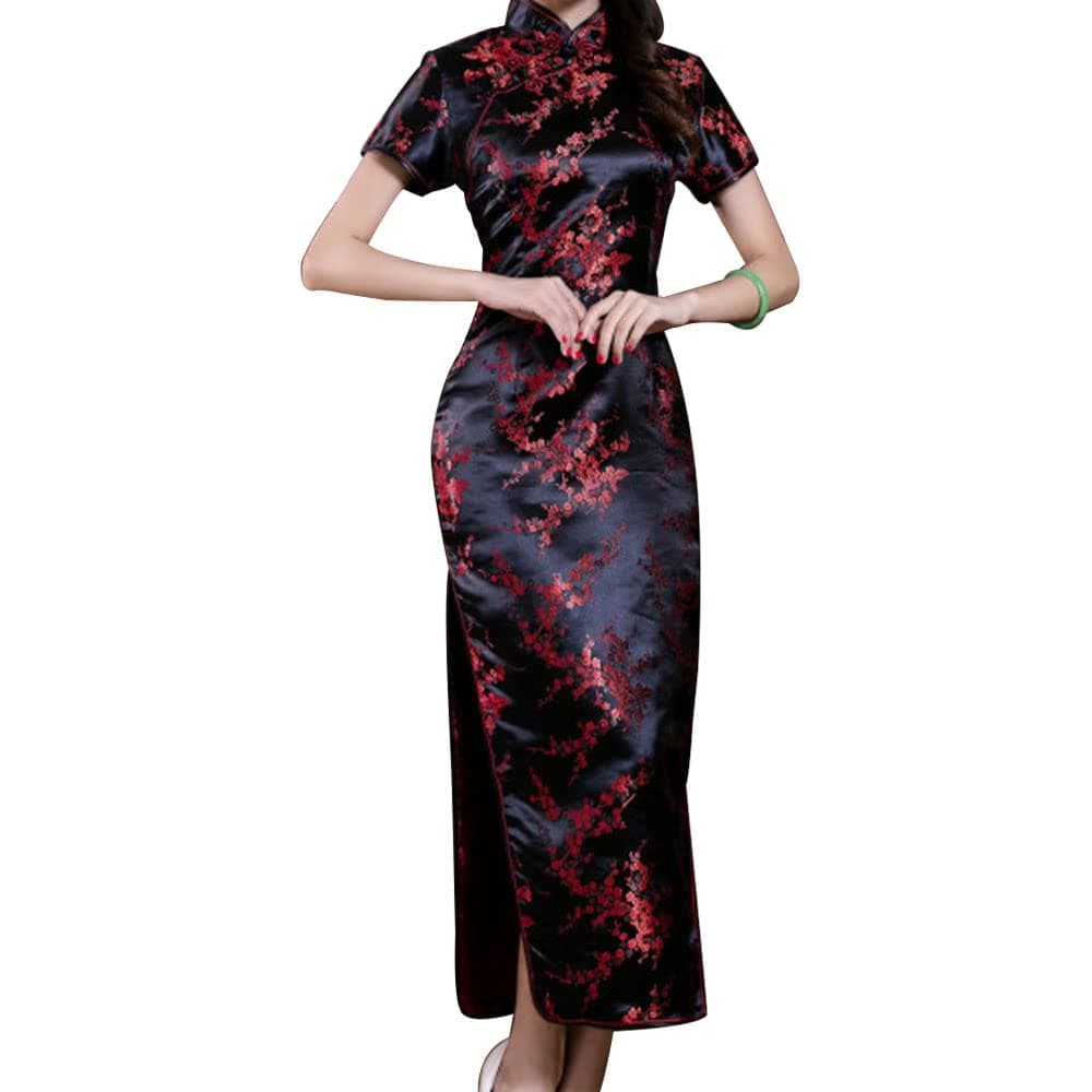 Women Cheongsam Long Dress Evening Short Sleeve Slim Fit Maxi Dress Floral Faux Silk Stand Collar Bodycon Qipao