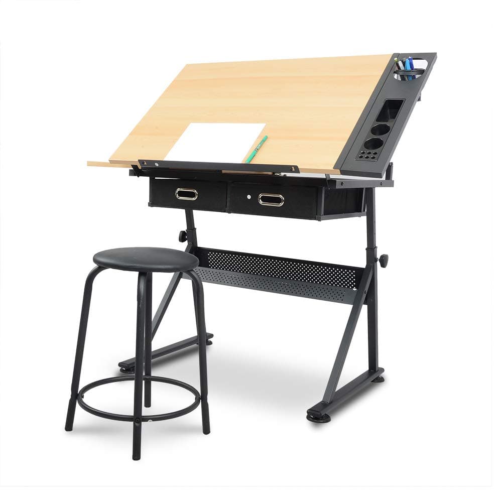 ONPNO Adjustable Drawing Table with Tiltable Tabletop/2 drawers/stool, Art Table Desk Set