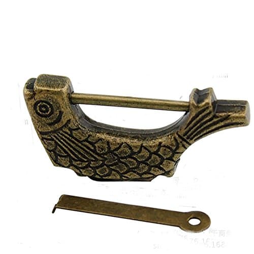 SYHL Carved Fish Antique Chinese Old Style Jewelry Chest Box Decor Lock Padlock + Key-1PCS