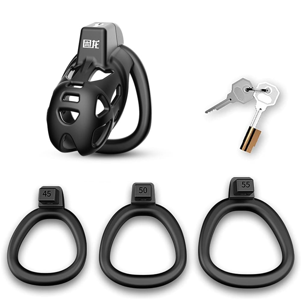 4 Sizes XS/S/M/L Resin Cock Cage Chastity Device Set, Breathable Chastity Lock 3D Penis Cage with 3 Different Size Rings Men Abstinence Penis Bondage Male Adult Sex Toys for Penis Exercise (S)