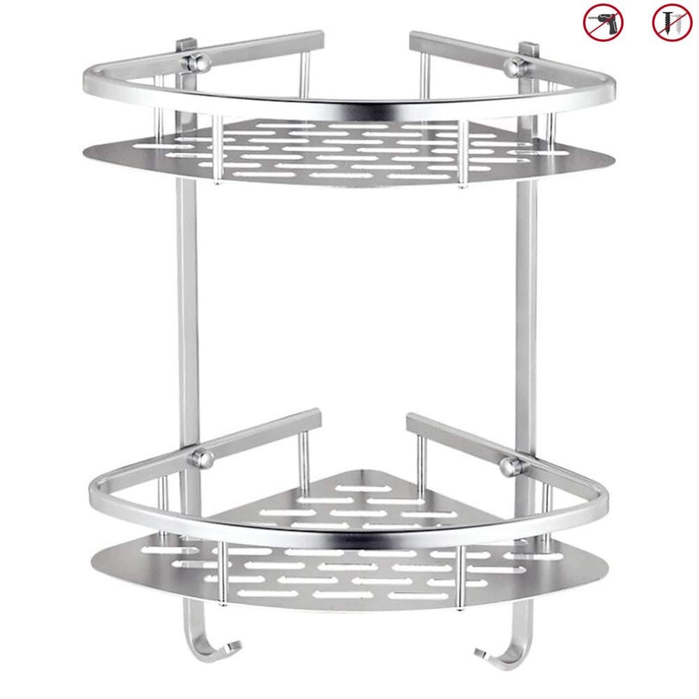 2 Tier Bathroom Shelf Wall Mounted No Drilling Corner Shower Caddy Adhesive Suction Aluminum Storage Basket (Triangle)