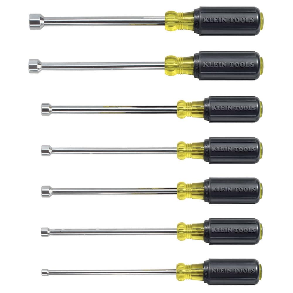 Klein Tools 647 Tool Set, Made in USA, Nut Drivers Sizes 3/16, 1/4, 5/16, 11/32, 3/8, 7/16, 1/2-Inch, Chrome-Plated 6-Inch Shafts, Cushion Grip, 7-Piece