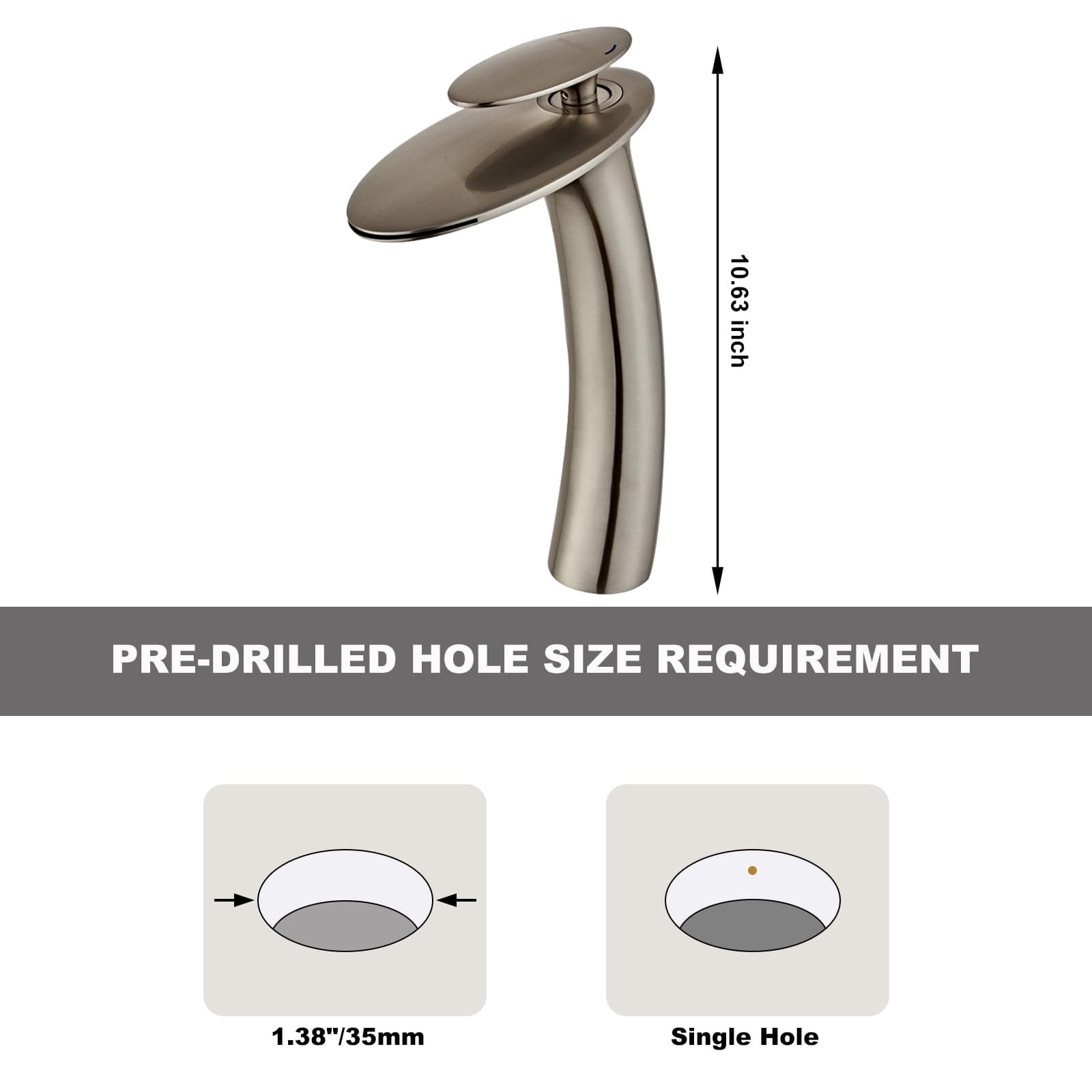 Wovier Brushed Nickel Waterfall Bathroom Sink Faucet with Supply Hose,Single Handle Single Hole Vessel Lavatory Faucet,Slanted Body Basin Mixer Tap Tall Body Commercial