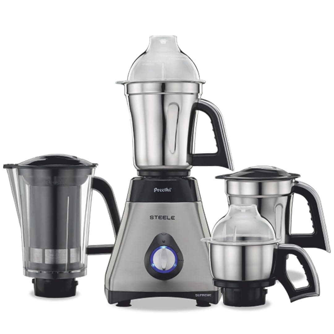 Steel Supreme MG-208 mixer grinder, 750 watt (Silver/ Black), 4 jars - Super Extractor juicer Jar, Vega W5 motor with 5yr Warranty & Lifelong Free Service