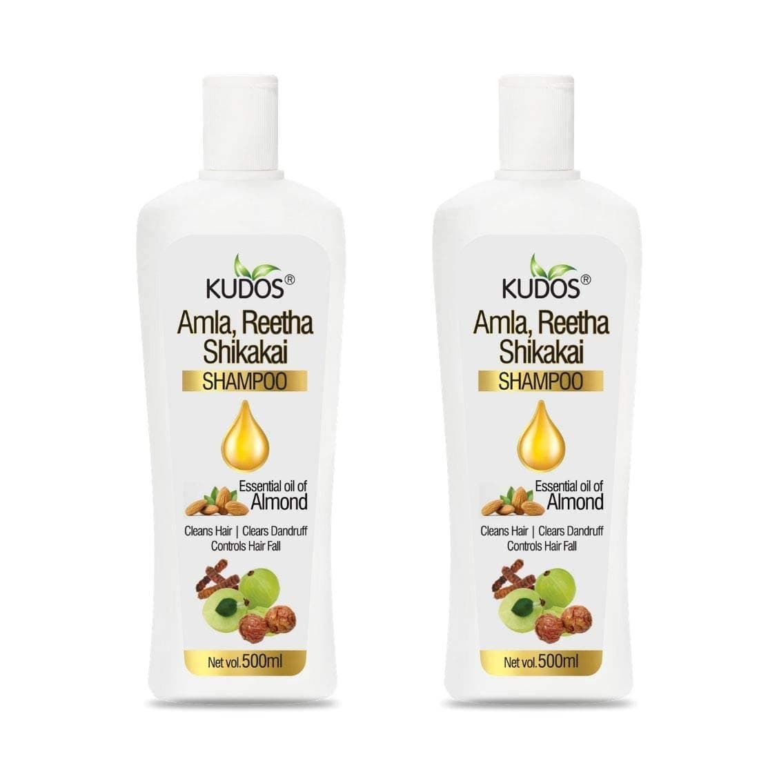 Kudos Ayurveda Amla Reetha Shikakai Shampoo – Ayurvedic Herbal Hair Cleanser for Women & Men | Hair Fall Control & Dandruff Care | Sulphate & Paraben Free | For All Hair Types with Aloe Vera 500mL (Pack of 2)