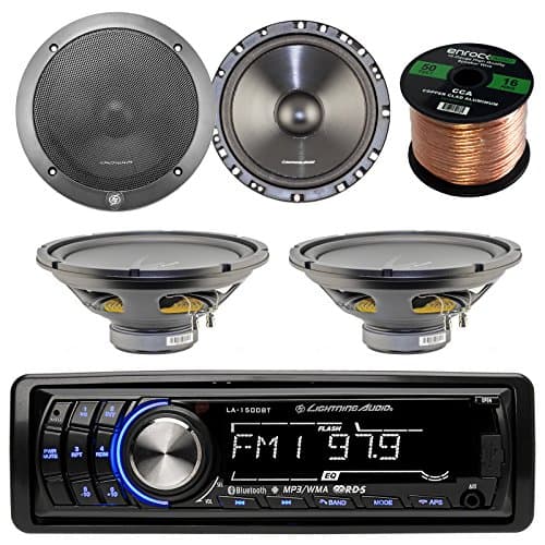 Lightning Audio by Rockford Fosgate LA1500BT MP3 Bluetooth Stereo Receiver Bundle Combo with 2X 6.5 Inch Full Range Black Car Coaxial Speakers + 2X 12 Single Voice Coil Subwoofer + Enrock 50Ft Wire