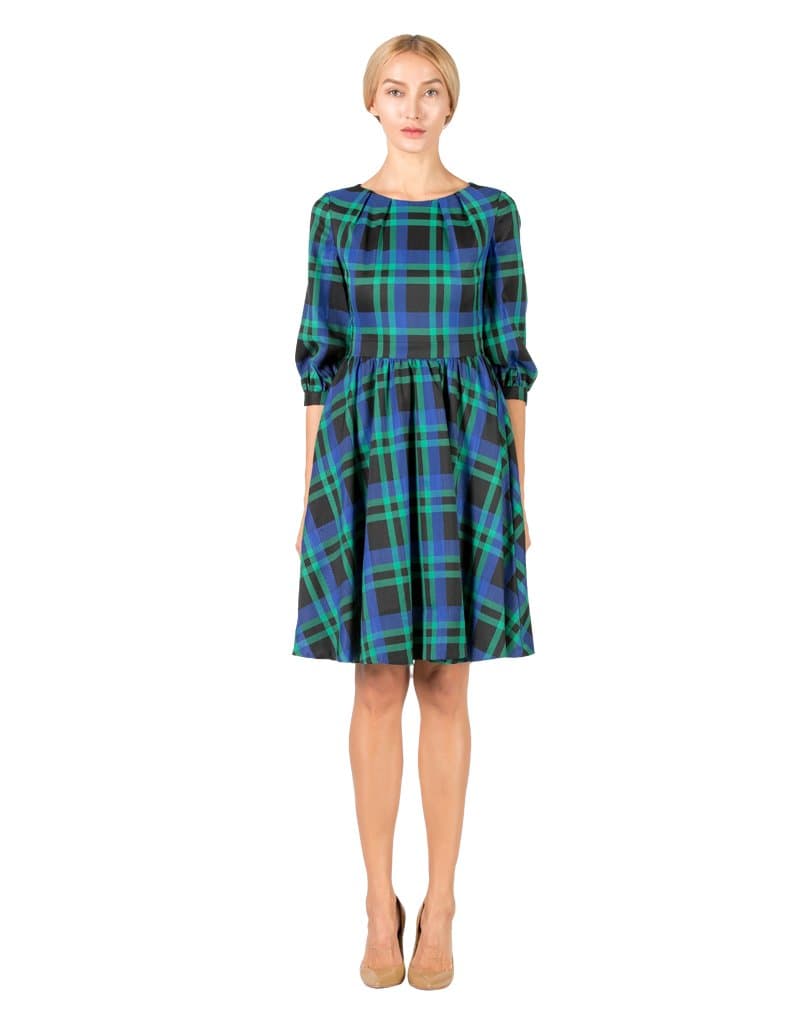Emma Fischer Women's Pleated Dress Puffed cap-sleeve Classic Plaids Vintage Dress
